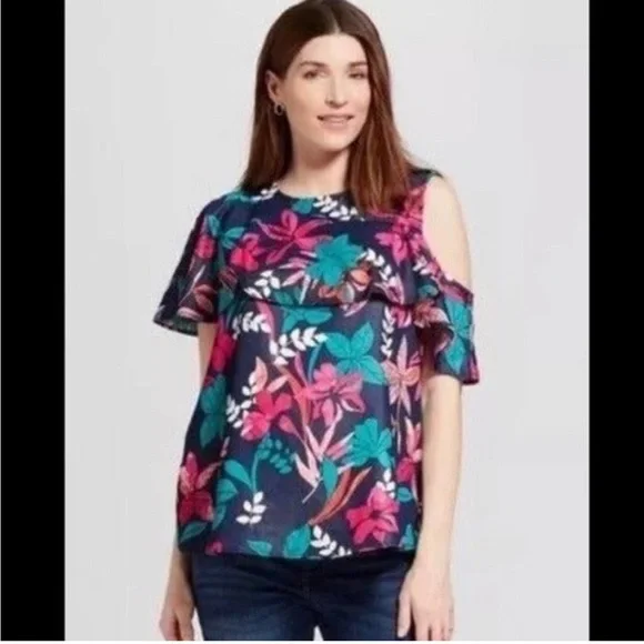 Isabel Maternity (XL) Pink Navy Teal Floral Top with Cold Shoulder and ruffles - Picture 1 of 9